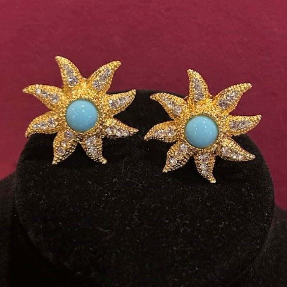 R.J. GRAZIANO Gold Rhinestone Sunburst Blue Stone EARRINGS - Picture 4 of 9